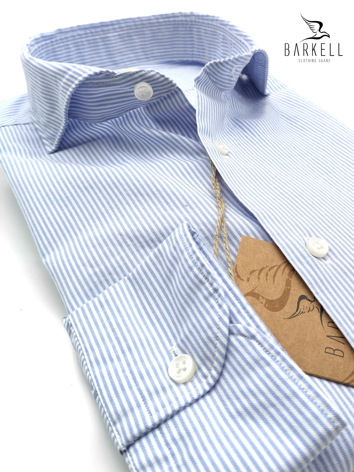 Camicia in Cotone Oxford Rigata Celeste e Bianco Collo Francese Cutaway