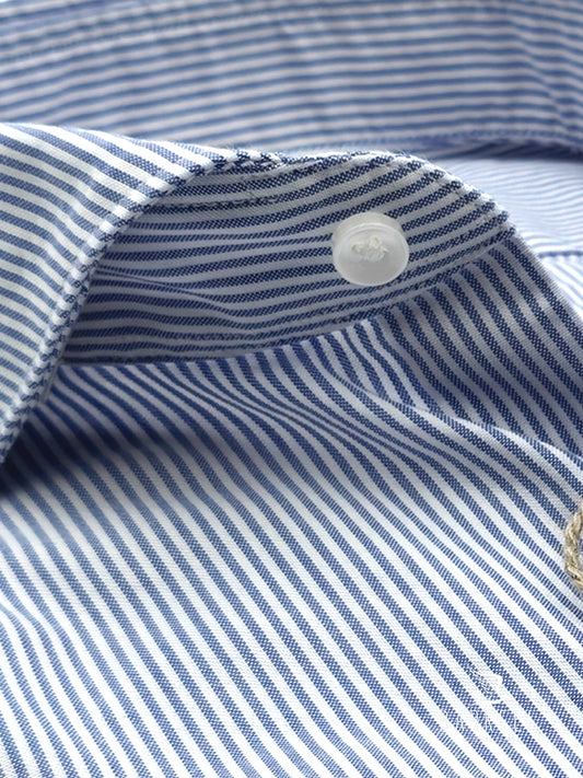 Light Blue and White Striped Oxford Cotton Shirt with Cutaway Spread Collar