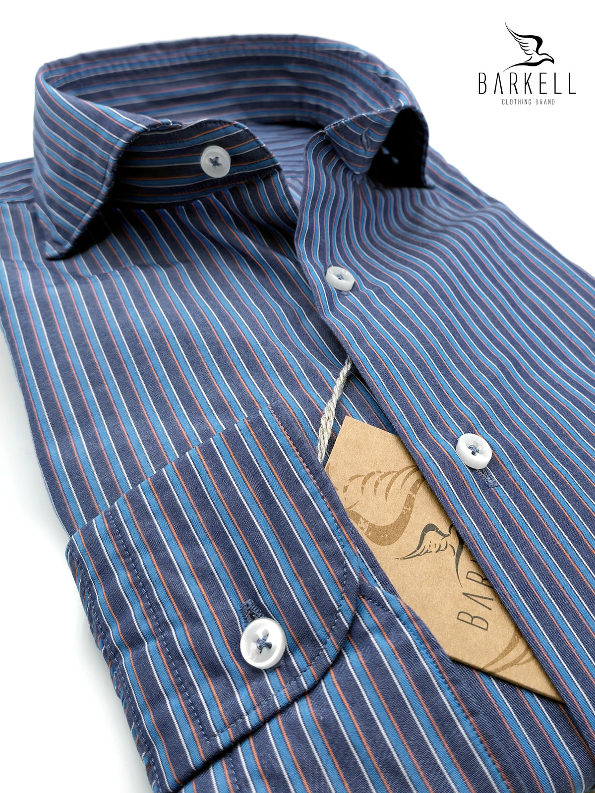 Camicia in Cotone Rigata Blu e Azzurro Collo Francese Cutaway
