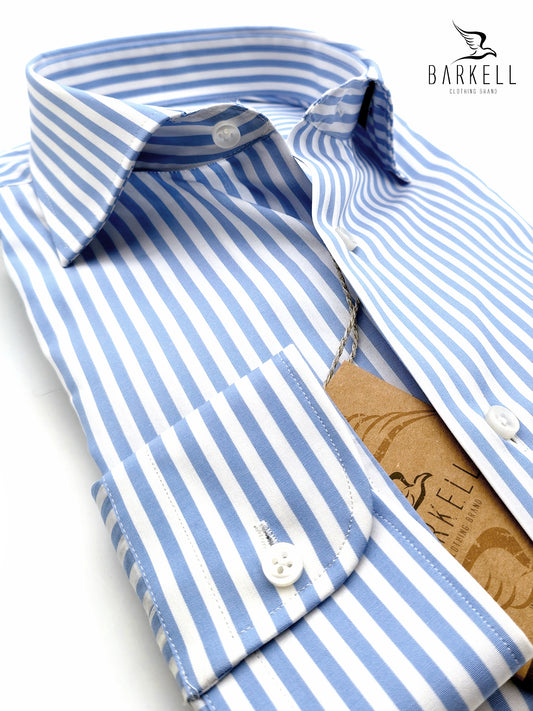 Camicia in Cotone Doppio Ritorto Rigata Celeste e Bianco Collo Francese