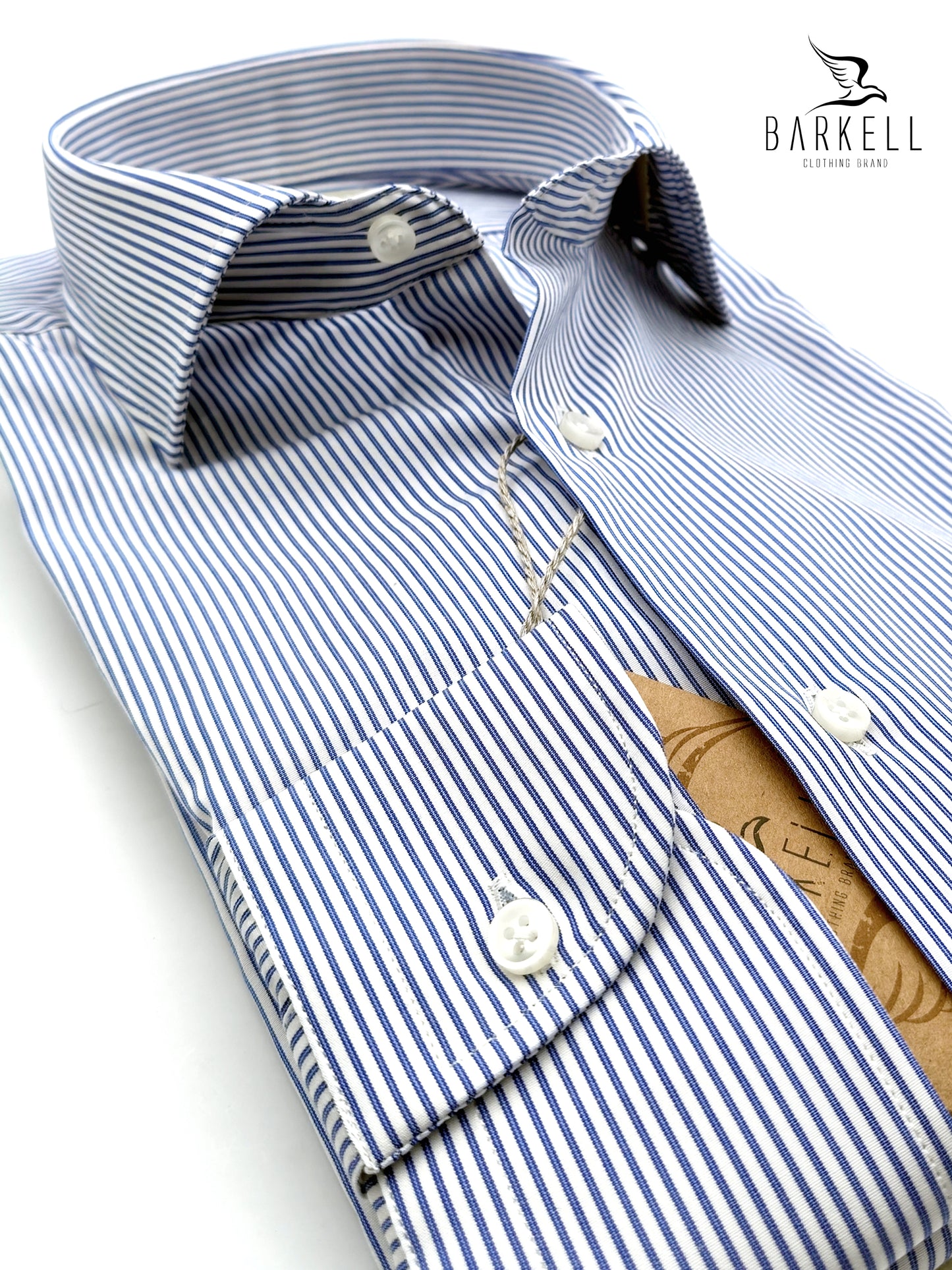 Camisa de algodón doble torzal de rayas añil y blanca con cuello francés