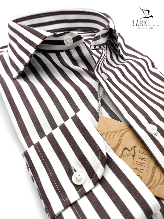 Camicia in Cotone Doppio Ritorto Rigata Marrone e Bianco Collo Francese