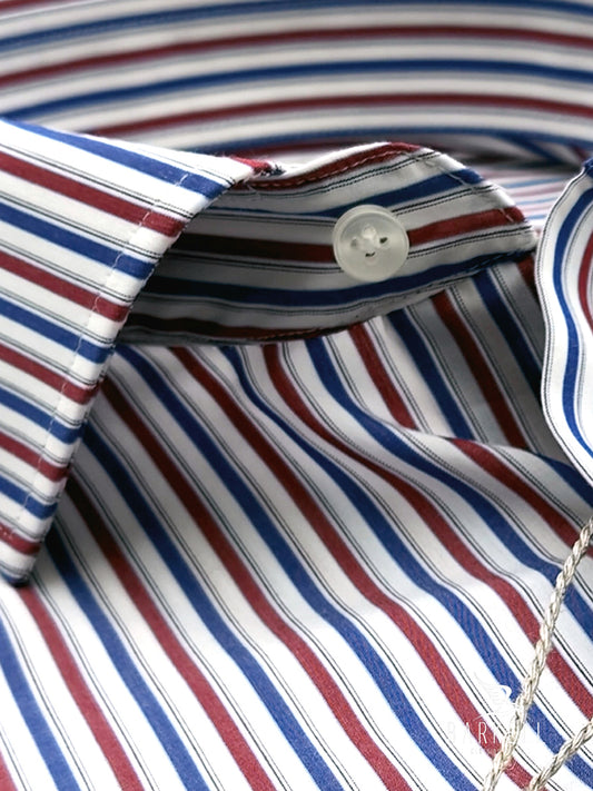 Camicia in Cotone No Stiro Rigata Blu e Rosso Fondo Bianco Collo Francese