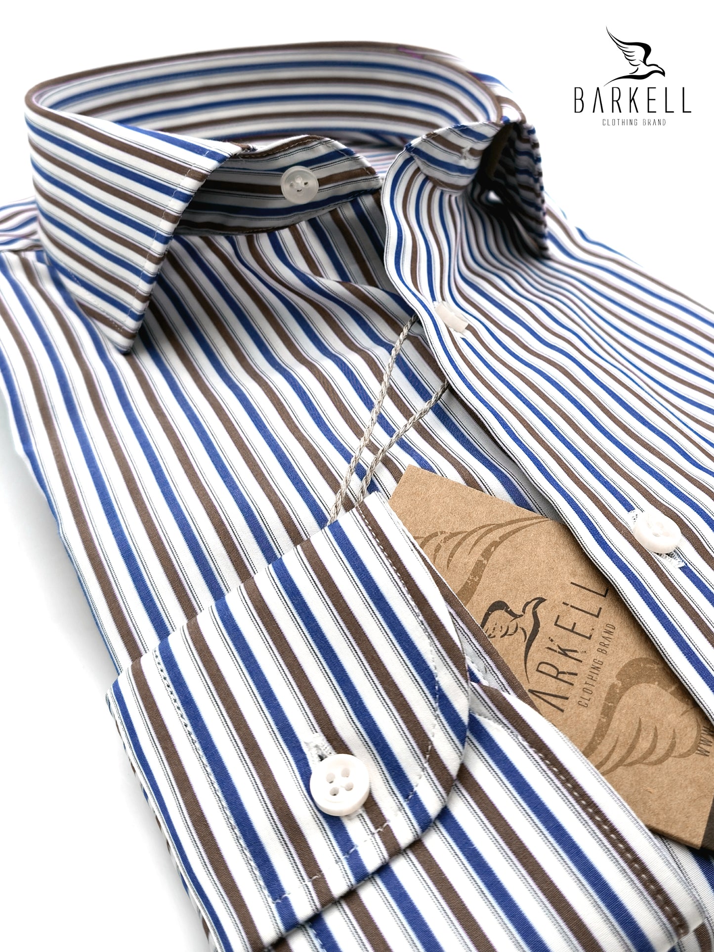 Camisa Algodón Sin Plancha Rayas Azules y Marrón Fondo Blanco Cuello Francés