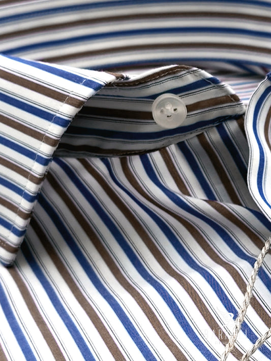 Camicia in Cotone No Stiro Rigata Blu e Marrone Fondo Bianco Collo Francese