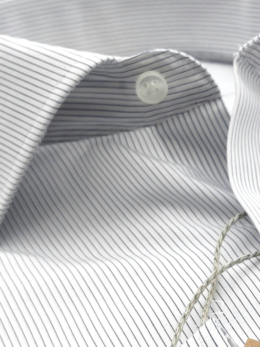 Camicia in Cotone No Stiro Rigata Blu e Bianco Collo Francese