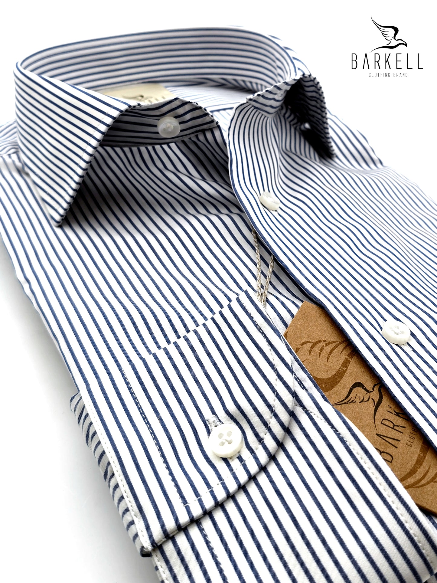 Camicia in Cotone No Stiro Rigata Blu e Bianco Collo Francese
