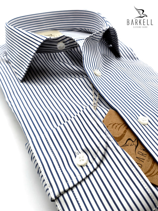 Camicia in Cotone No Stiro Rigata Blu e Bianco Collo Francese