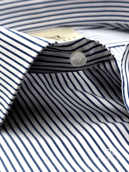 Camicia in Cotone No Stiro Rigata Blu e Bianco Collo Francese