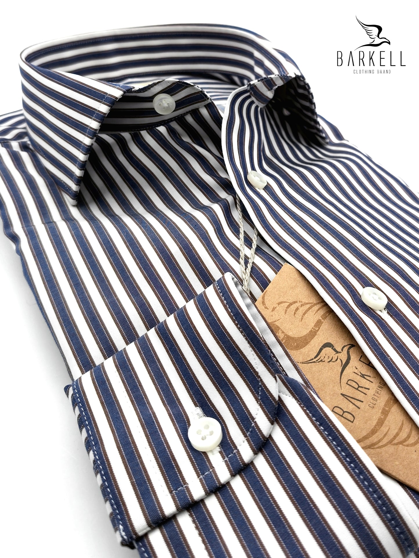 Camisa Algodón Sin Plancha Rayas Azules y Marrón Fondo Blanco Cuello Francés