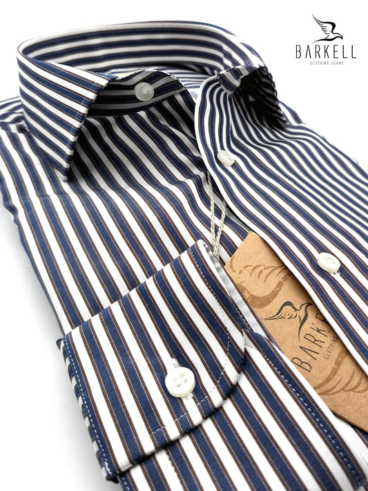 Camicia in Cotone No Stiro Rigata Blu e Marrone Fondo Bianco Collo Francese