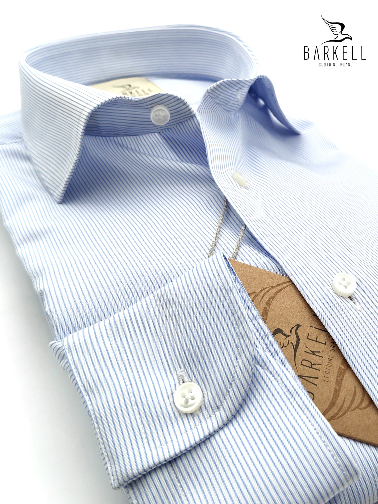 Camicia in Cotone No Stiro Rigata Celeste e Bianco Collo Francese