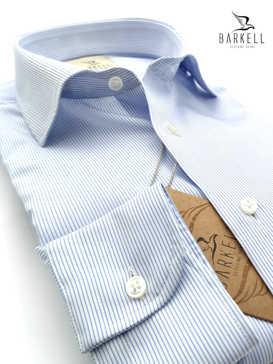 Camicia in Cotone No Stiro Rigata Celeste e Bianco Collo Francese