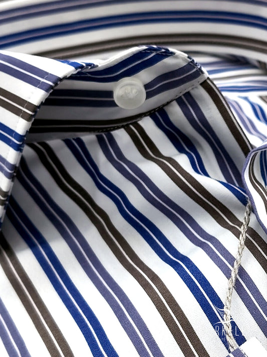 Camicia in Cotone e Cly Rigata Marrone e Blu Collo Francese