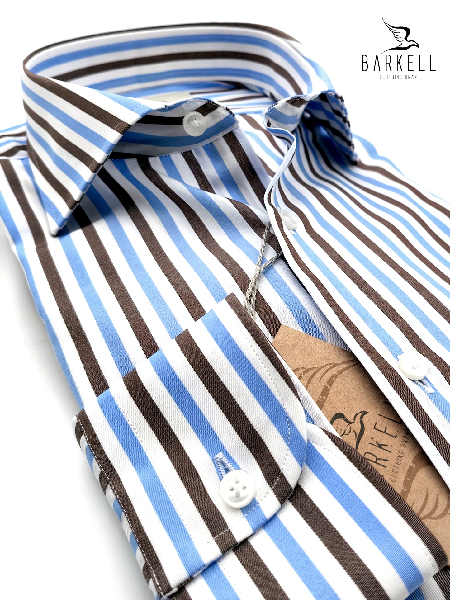 Camisa de algodón de doble torsión a rayas marrón y celeste con cuello francés