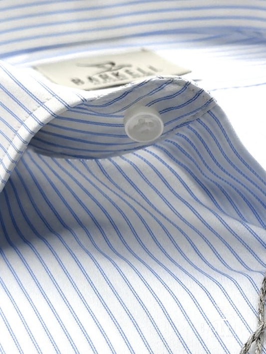 Indigo and White Striped Double Twisted Cotton Shirt with French Collar