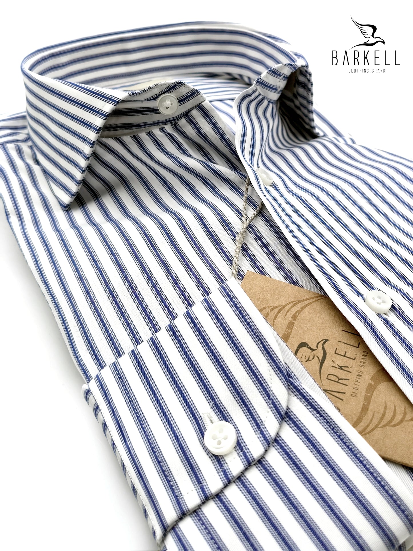 Indigo and White Striped Double Twisted Cotton Shirt with French Collar