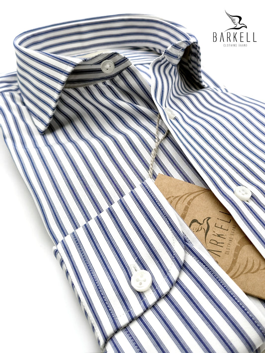 Camicia in Cotone Doppio Ritorto Rigata Blu e Bianco Collo Francese