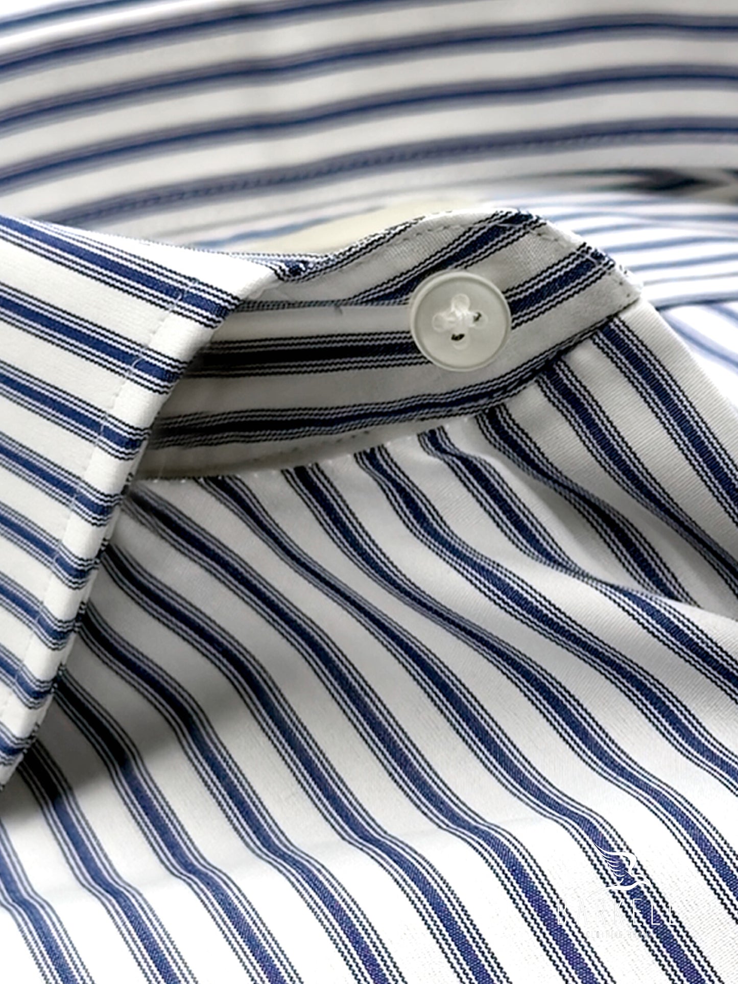 Indigo and White Striped Double Twisted Cotton Shirt with French Collar