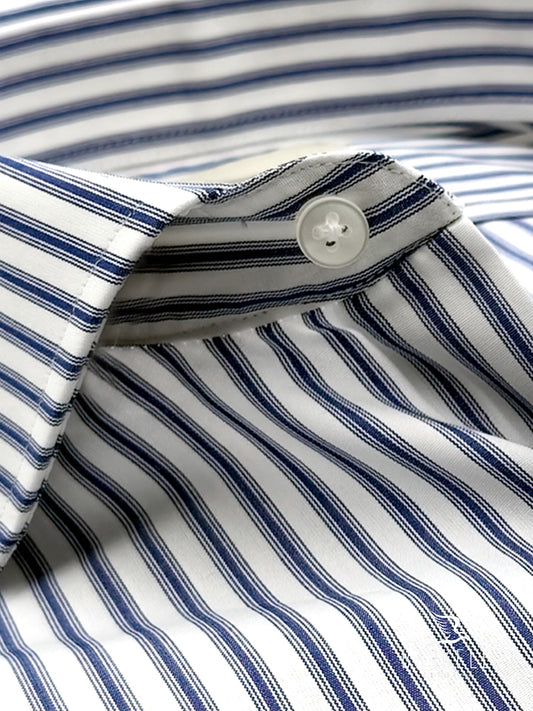 Indigo and White Striped Double Twisted Cotton Shirt with French Collar