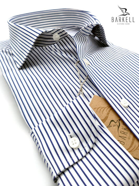 Camicia in Cotone Doppio Ritorto Rigata Blu e Bianco Collo Francese
