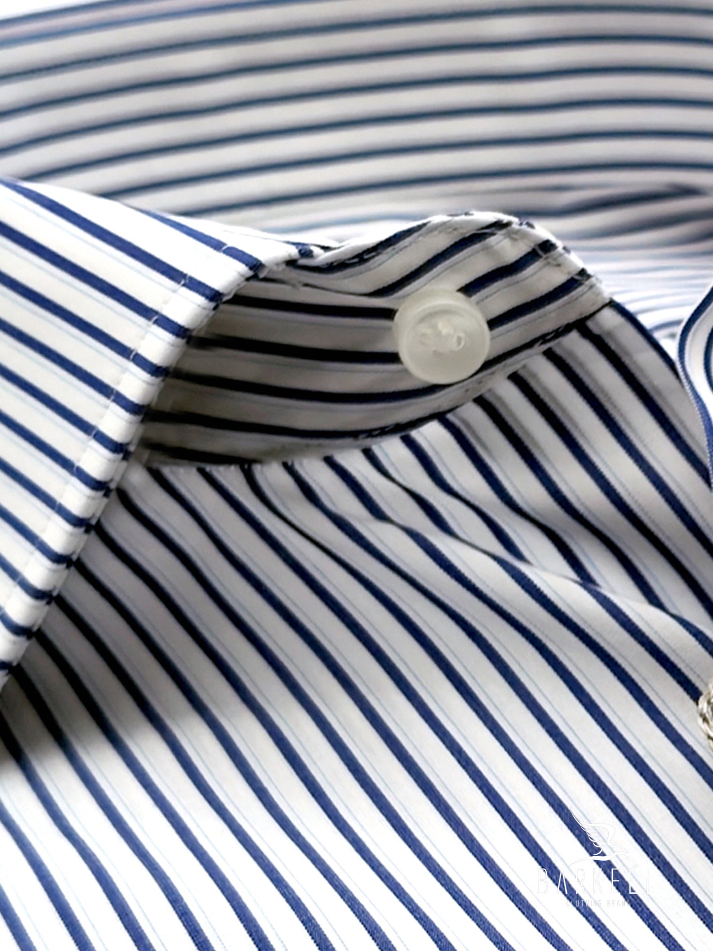 Indigo and White Striped Double Twisted Cotton Shirt with French Collar