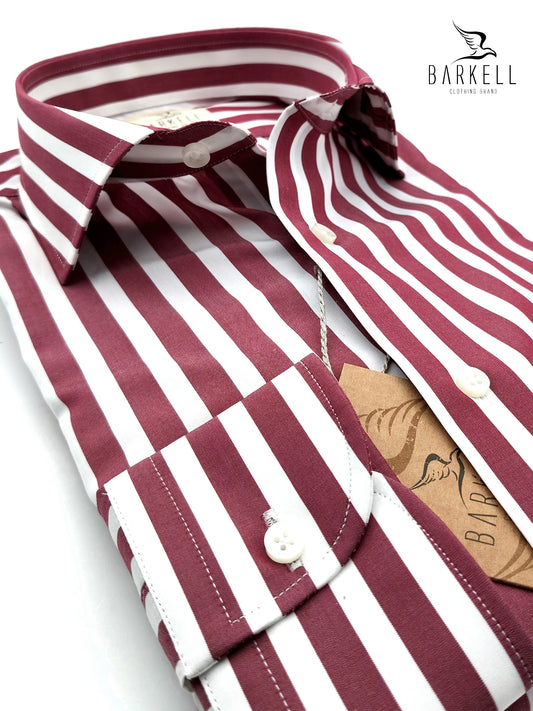 Camicia in Cotone No Stiro Rigata Bordò e Bianco Collo Francese