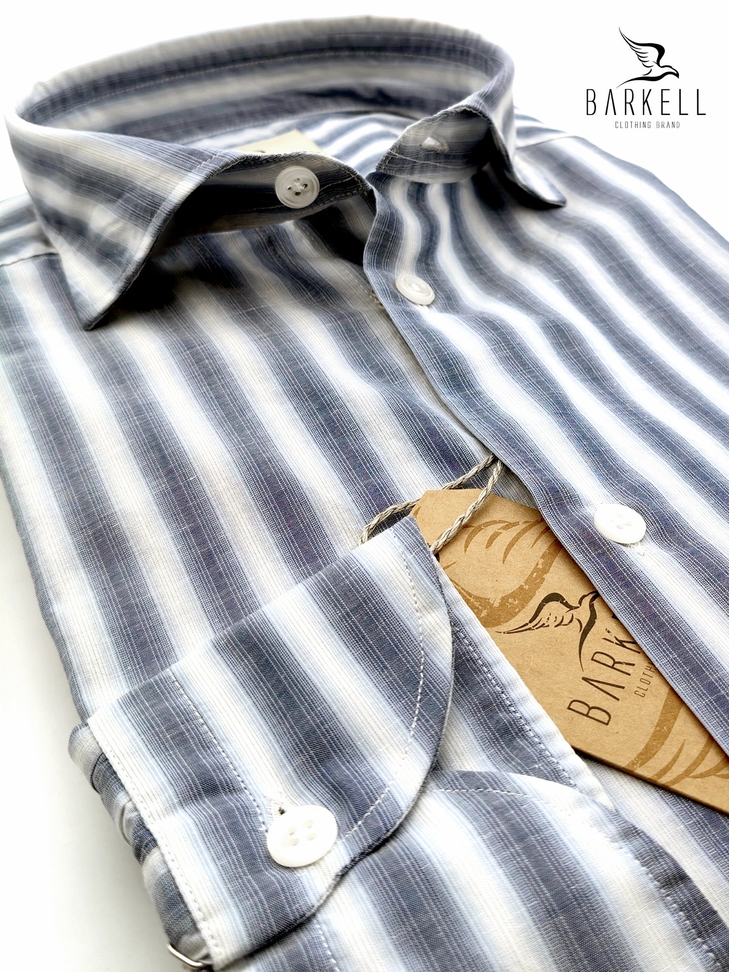 Camicia in Cotone Rigata Avio Fondo Bianco Collo Francese Piccolo