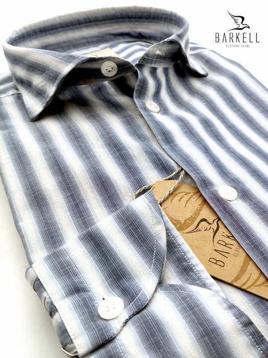 Camicia in Cotone Rigata Avio Fondo Bianco Collo Francese Piccolo