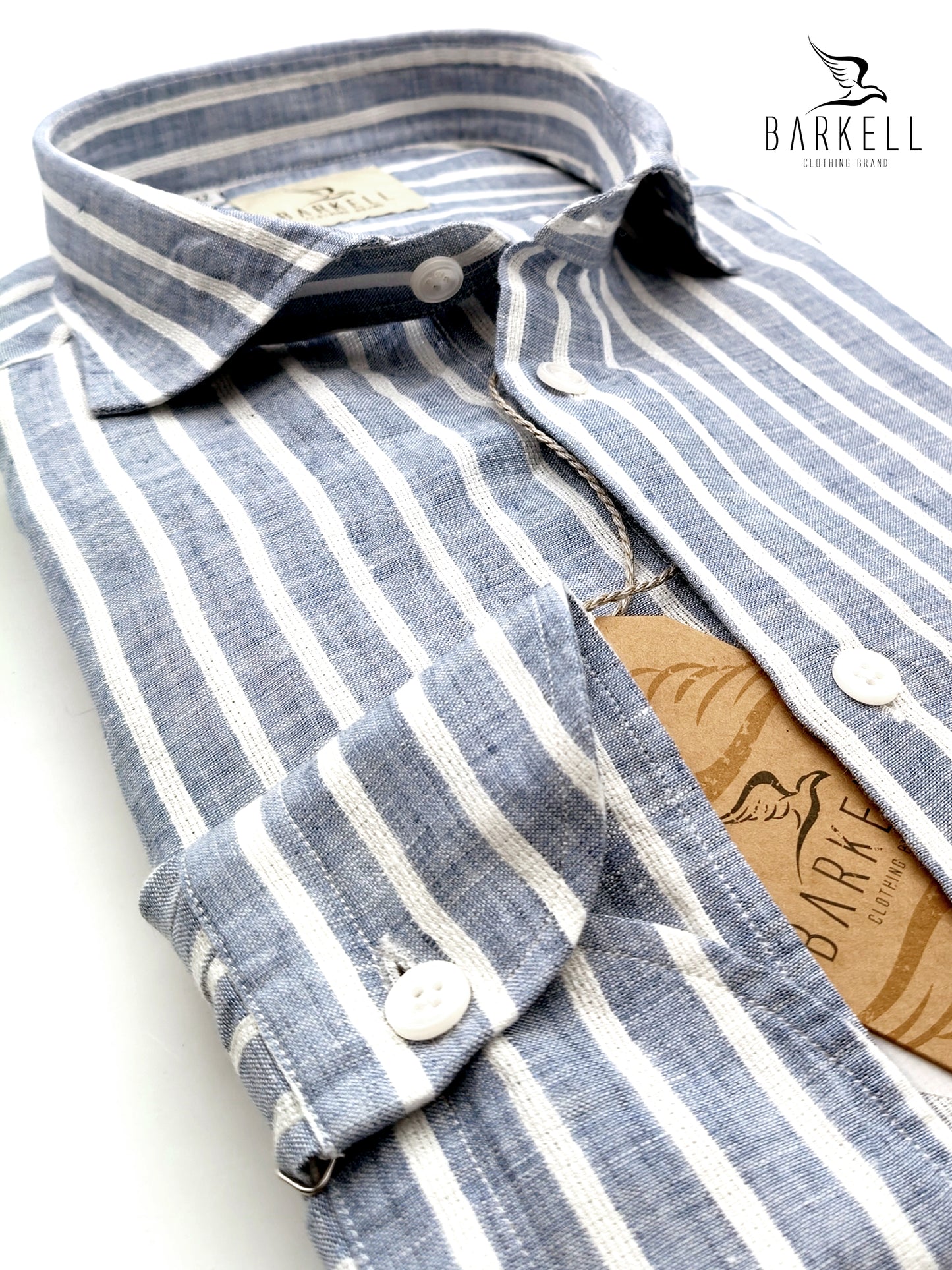 Camicia in Puro Lino Rigata Blu Fondo Bianco Collo Francese Piccolo