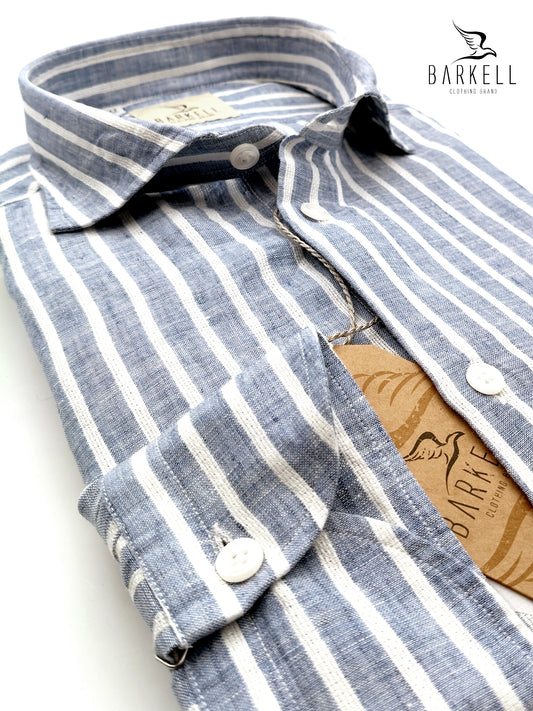 Camicia in Puro Lino Rigata Blu Fondo Bianco Collo Francese Piccolo
