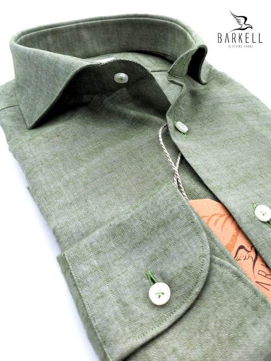 Camicia in Cotone Flanellato Verde Asparago Collo Francese