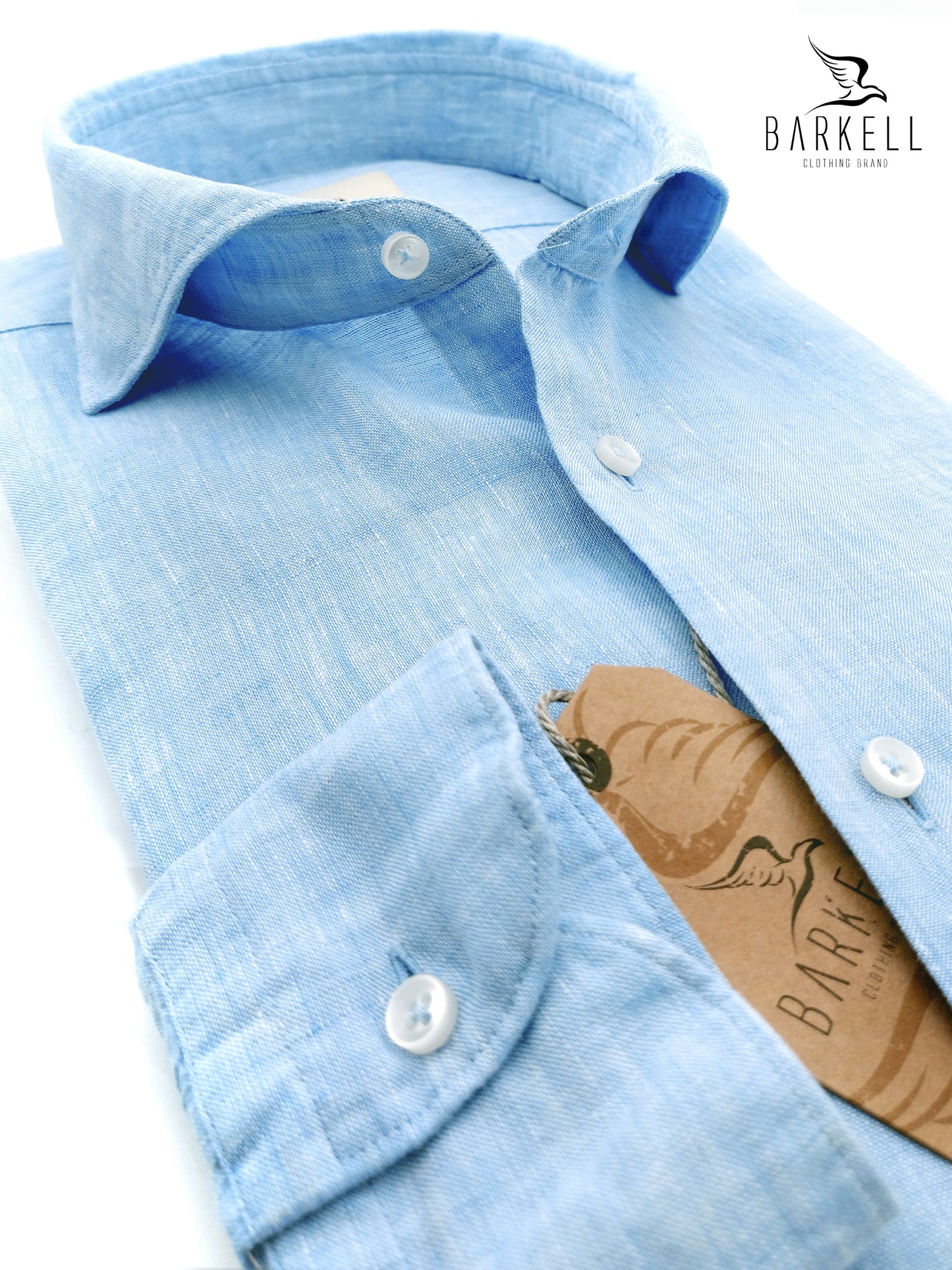 Camicia in Puro Lino Celeste Collo Francese Cutaway