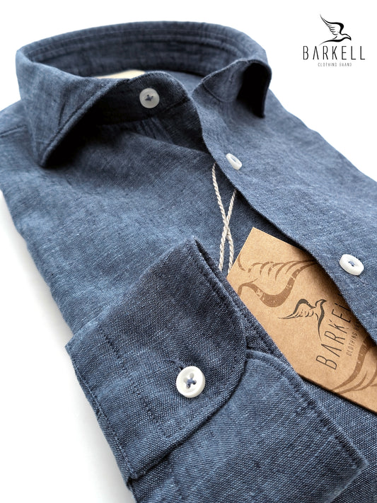 Camicia in Misto Lino Azzurro Jeans Collo Francese Cutaway