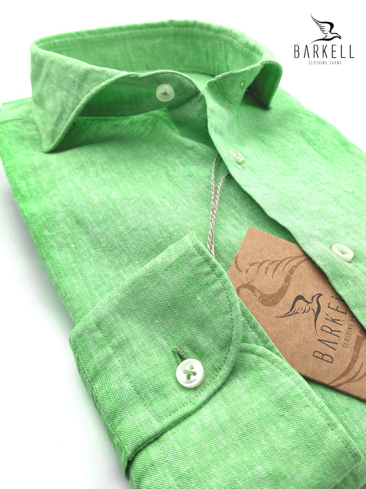 Camicia in Misto Lino Verde Chiaro Collo Francese Cutaway
