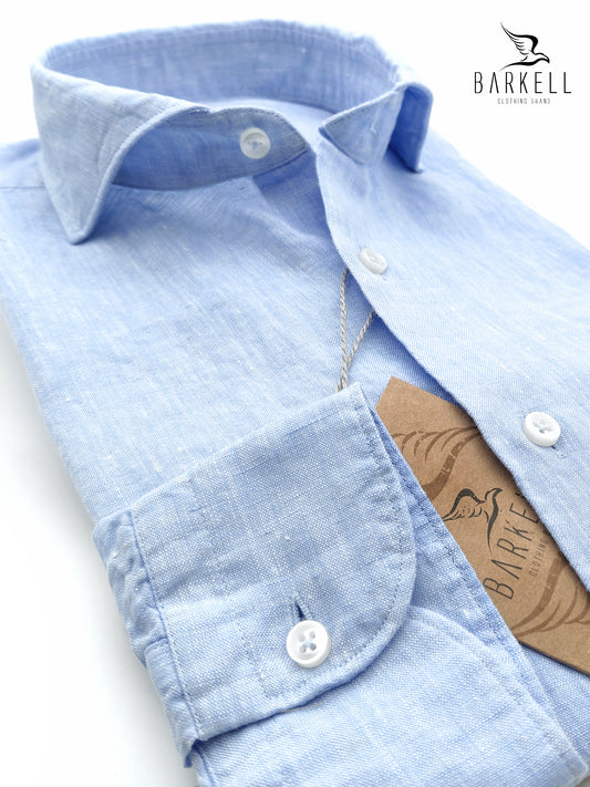 Camicia in Puro Lino Celeste Collo Francese Cutaway