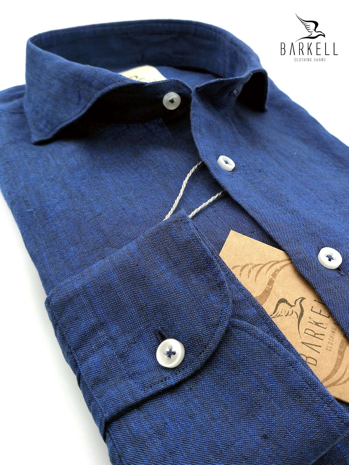 Camisa de puro lino azul índigo con cuello italiano