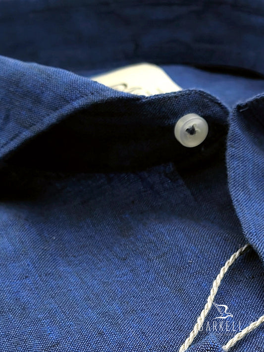 Camicia in Puro Lino Blu Indaco Collo Francese Cutaway
