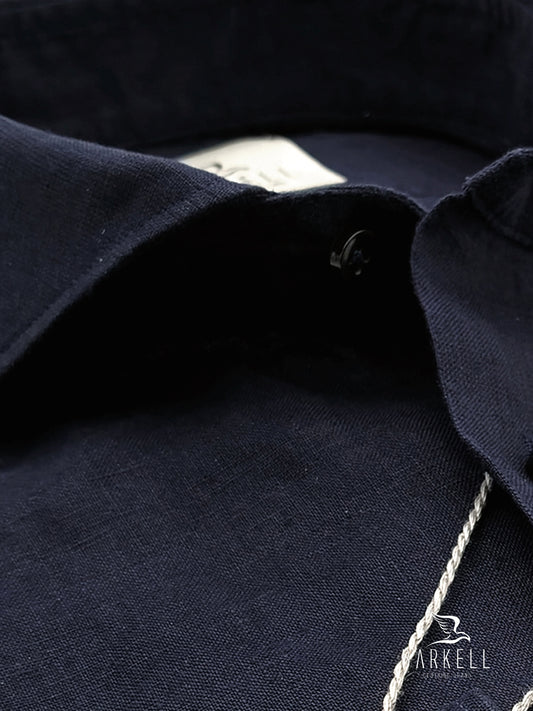 Camicia in Puro Lino Blu Collo Francese Cutaway