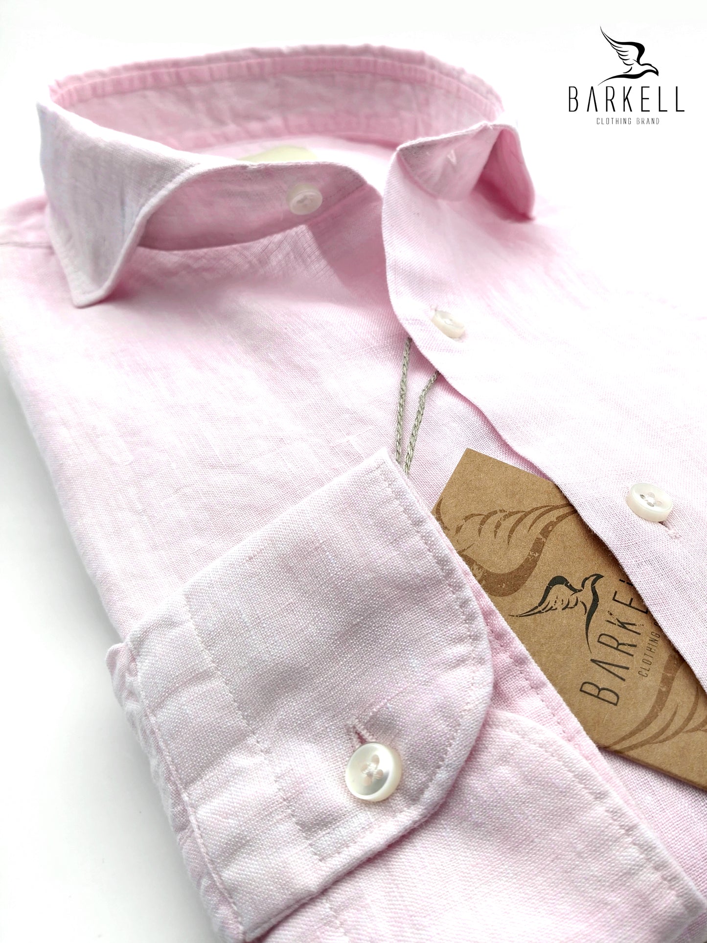 Camisa rosa claro de puro lino con cuello italiano