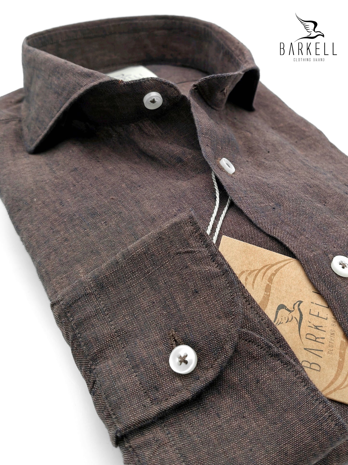 Camicia in Puro Lino Marrone Collo Francese Cutaway