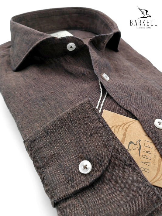 Camicia in Puro Lino Marrone Collo Francese Cutaway