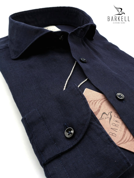 Camicia in Misto Lino Blu Collo Francese Cutaway
