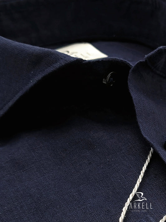 Camicia in Misto Lino Blu Collo Francese Cutaway