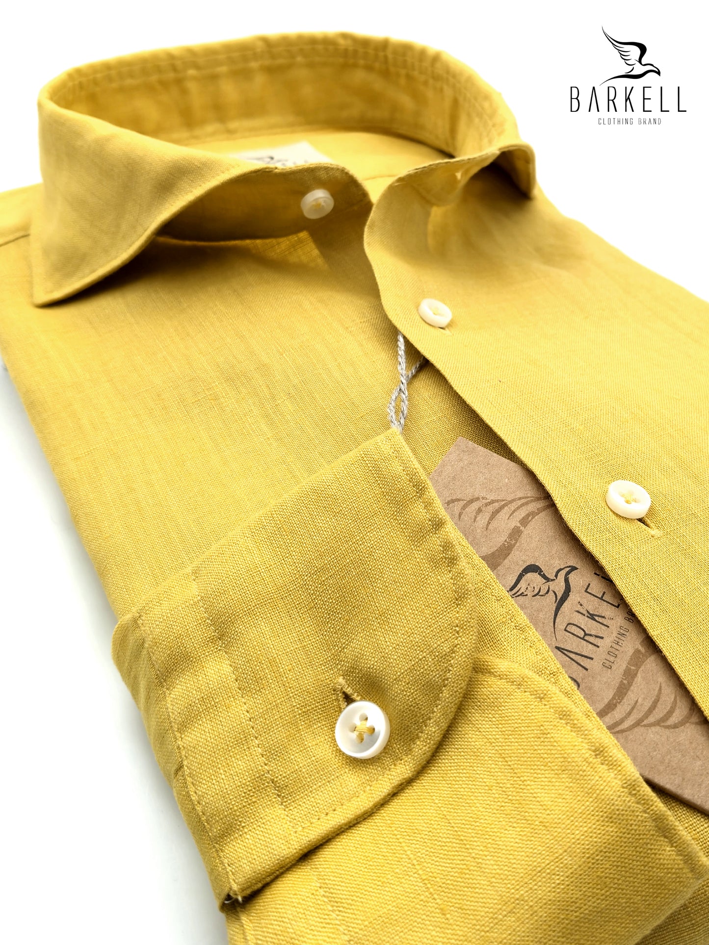 Camisa de puro lino amarillo mostaza con cuello italiano