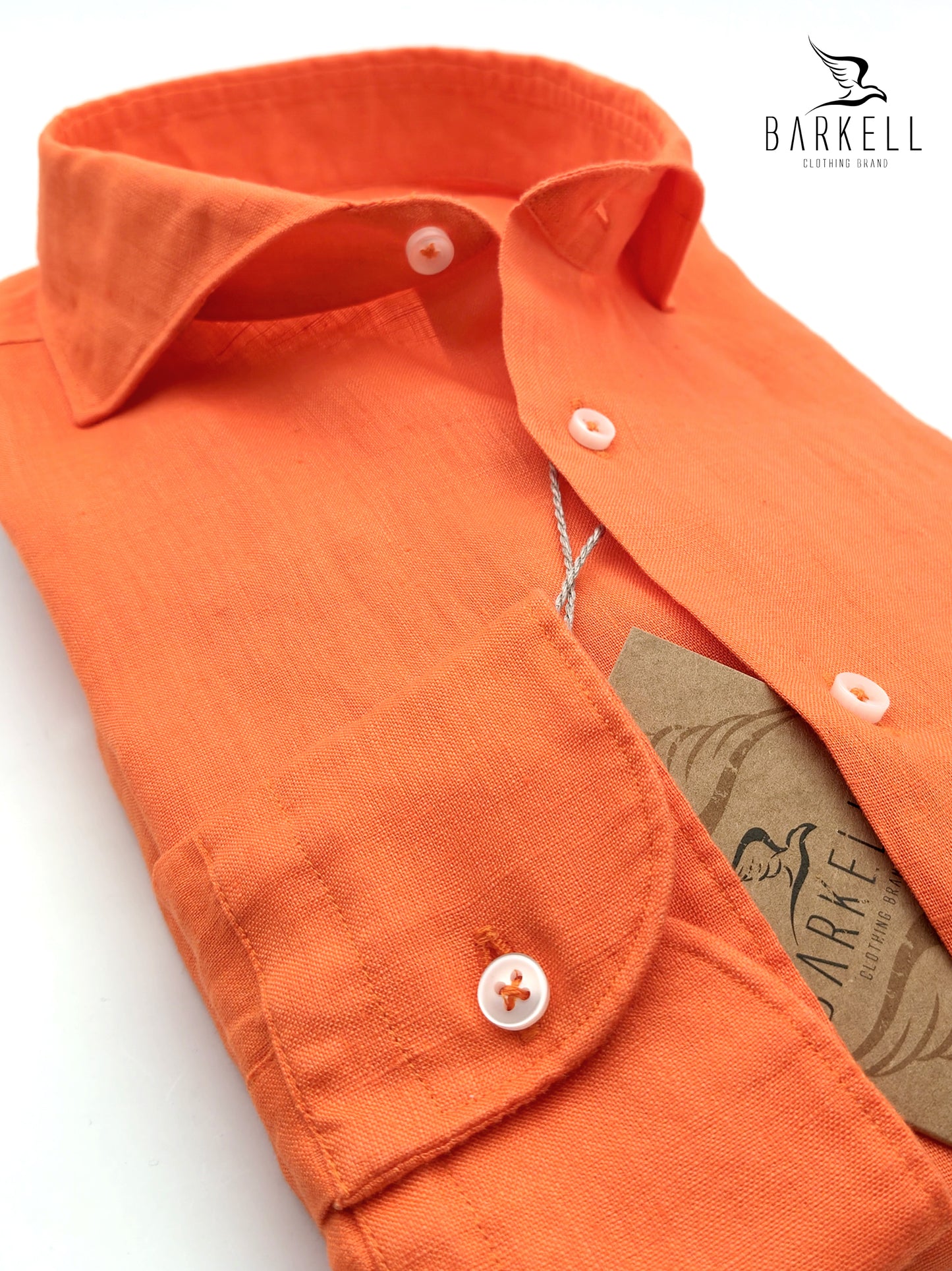 Camisa de puro lino naranja con cuello italiano