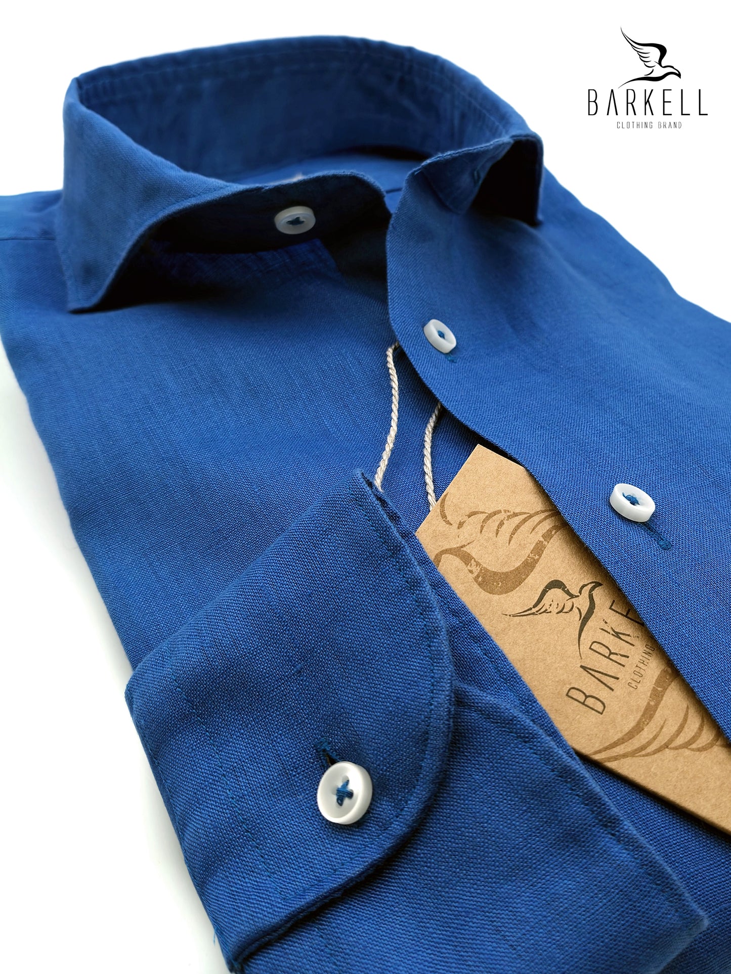 Camisa azul eléctrico de puro lino con cuello francés