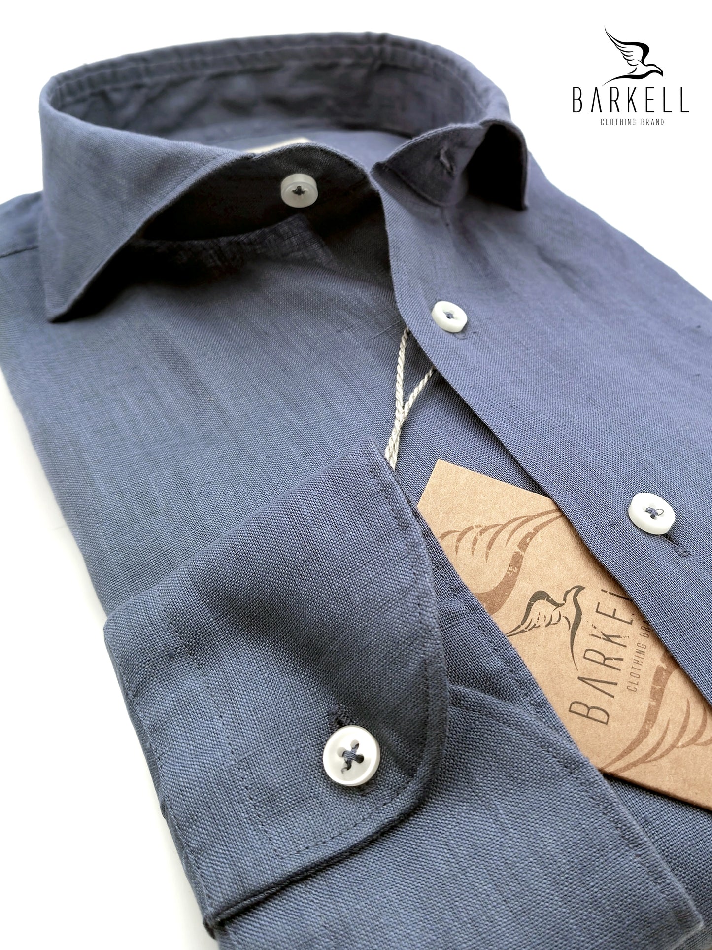 Camisa de puro lino denim azul con cuello italiano