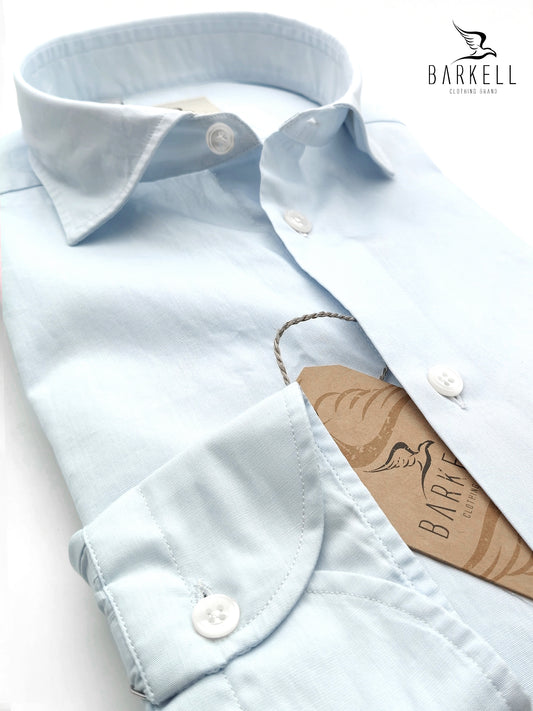 Camicia in Cotone Popeline Celeste Polvere Collo Francese Piccolo