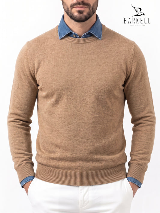 Pull col rond camel en laine mélangée avec 10% cachemire